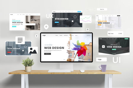 Web design studio concept pages flying around with web page modules, showcasing the creative process of building and presenting a portfolio. Ideal image for digital marketing and design inspirationの写真素材