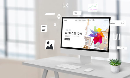 Computer display on a work desk featuring a web design studio page with floating website creation...