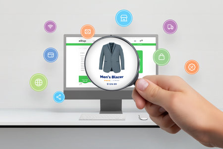 Search concept on eCommerce site with magnified men's blazer, surrounded by icons for online payment, shopping, discounts, and delivery, symbolizing the online shopping experienceの写真素材
