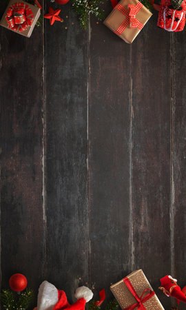 Vertical rustic dark wooden table with a black-brown texture, gifts arranged at the top and bottom, featuring a central empty space for textの写真素材