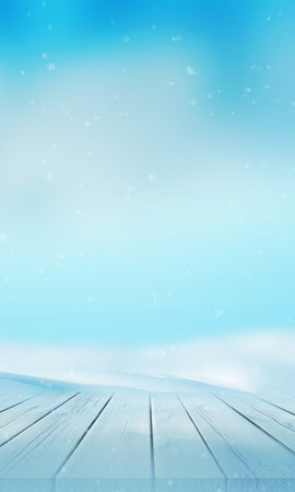 Frosted table with a clean surface for product display and promotion, set against a clear blue winter sky with falling snowflakesの写真素材