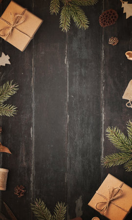 Rustic wooden table with fir branches and wrapped gifts, flat lay, top view, featuring an empty space for text, perfect for festive promotions.の写真素材
