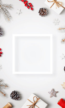 White table with Christmas decorations, top view, flat lay, featuring a square white frame for text or logo, resembling a beautiful holiday greeting cardの写真素材
