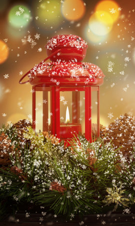 Vertical Christmas scene featuring a red lantern with a glowing flame, bokeh lights in the background, and falling snow, creating a romantic holiday atmosphereの写真素材