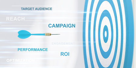 Blue dart flying toward the center of a target, surrounded by words like target audience, reach, campaign, ROI, performance, and optimization, symbolizing marketing precision and successの写真素材