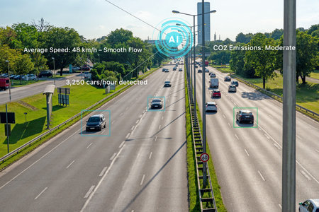 Futuristic highway in a modern city with AI traffic control, digital speed indicators, CO2 emissions...