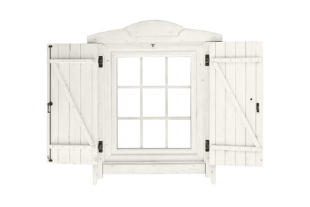 Elegant vertical white wooden window with decorative trim above, two open wooden shutters, and an interior grid, commonly found in historic urban buildings or rural wooden housesの写真素材