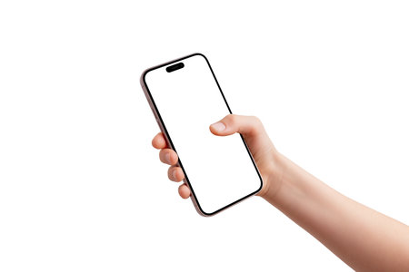 Smartphone held in an outstretched hand, thumb slightly over the isolated screen, perfect for app promotion, with a clean backgroundの写真素材