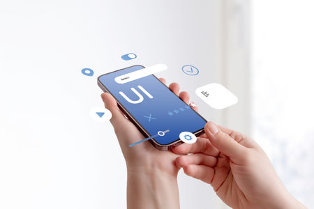 Close-up of smartphone in female hands, digital UI components hovering, representing app development, software design, and user experienceの写真素材