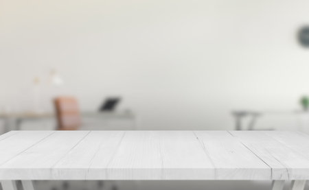 Minimalist white wooden table with a textured surface, modern office setting in the background, ideal for product display, branding, and promotional contentの写真素材