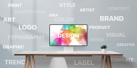 Inspiring workspace with digital display showing colorful design message, emphasizing full spectrum of modern creative disciplinesの写真素材