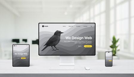 Bright white office with desktop, tablet, and phone showing responsive web design, featuring polygon bird graphicの写真素材