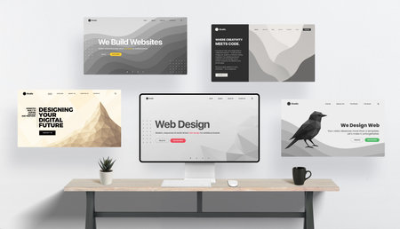Creative studio desk with central screen displaying a web design interface surrounded by four floating custom websites. Conceptual representation of website creation and digital creativity.の写真素材