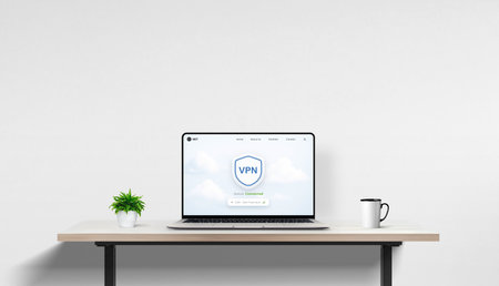 Modern workspace with VPN screen on laptop and blank wall background, perfect for inserting custom promo text or campaign visuals.の写真素材