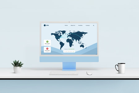 VPN dashboard with global server map, connection status and speed meter shown on a blue desktop screen in a modern workspace concept.の写真素材