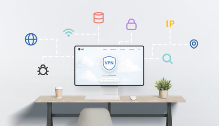 Connected VPN dashboard with visual lines linking to key icons symbolizing encryption, global access, and secure browsingの写真素材