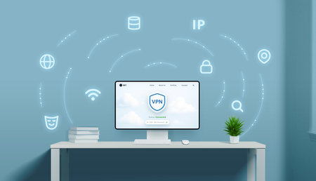 Digital VPN concept with flowing cloud nodes linking protection icons around a central screen in a tech-themed settingの写真素材