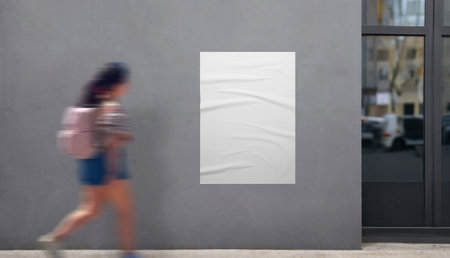 White poster mockup beside building entrance. Girl with bag walks by, perfect for showcasing modern promotional poster designsの写真素材