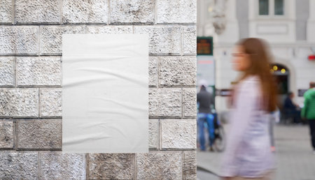 Girl walking past urban poster mockup on city building wall in pedestrian zone. Perfect for showcasing creative print or ad designの写真素材