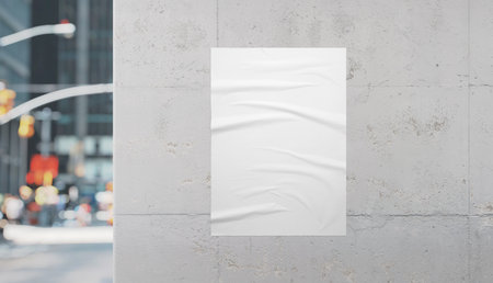White poster on urban building wall with street view around the corner, perfect for advertisement, design promotion, and creative poster mockupの写真素材