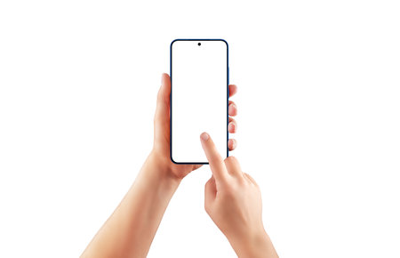 Isolated female hands holding and tapping smartphone with blank screen. Ideal for mobile app mockup, UX design, or UI previewの写真素材
