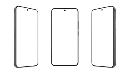 Minimal black phone mockup set with silver frame and empty screens. Ideal for showcasing mobile UX, app concepts, or digital brandingの写真素材