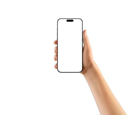 Hand holding modern smartphone with blank screen on white background. Perfect for app previews, UI mockups, and mobile product promotionsの写真素材