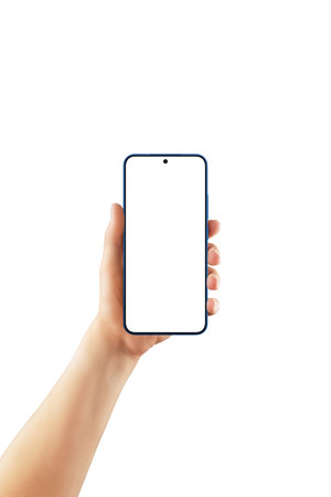 Female hand holding modern smartphone with centered camera and blank screen. Isolated on white background, perfect for app and UI mockupsの写真素材