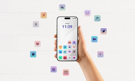 Bright mobile interface with floating icons against white background, perfect for app promotion or UI/UX design showcaseの写真素材