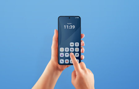 Blue screen smartphone interface with user tapping an icon, symbolizing app access and intuitive touch interactionの写真素材
