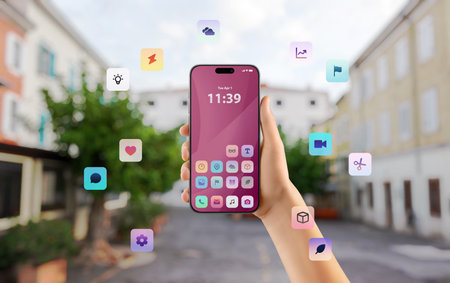 Outdoor smartphone app interface with pink layout and floating icons, ideal for lifestyle or social networking appsの写真素材