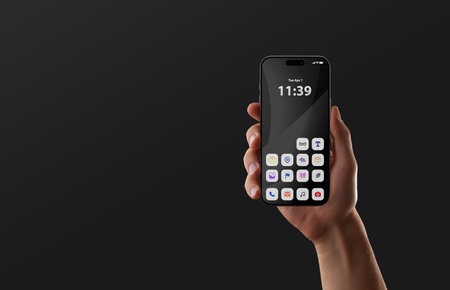 Sleek mobile screen in black minimal style represents professional digital environment and high end mobile app layout. Copy spaceの写真素材