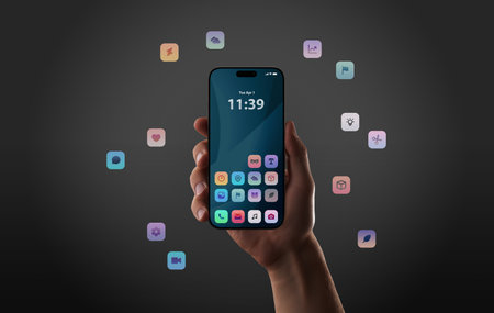Floating app icons around smartphone in dark setting highlight digital creativity and interactive mobile experienceの写真素材