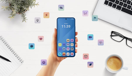 Clean smartphone mockup in modern office setup with floating apps suggests versatile business or developer UI toolsの写真素材
