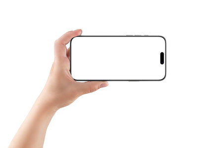 Female hand holding smartphone in landscape orientation, perfect for fullscreen app mockups, video previews, or UI demonstrationsの写真素材