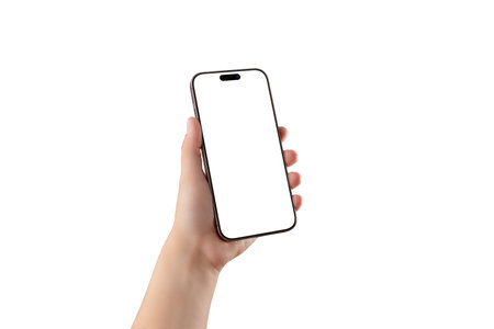 Minimalist mockup with hand and modern phone, ideal for showcasing apps, clean branding concepts, or digital product presentationsの写真素材