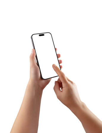 Two hands interacting with smartphone, blank screen mockup ideal for UI/UX previews, mobile app presentations, or responsive design visualsの写真素材