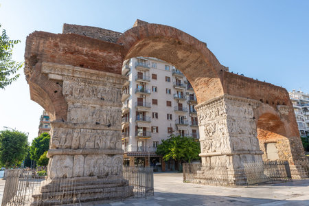 Ancient Roman triumphal arch in Thessaloniki with marble reliefs, commemorating Emperor Galerius's victory over the Sassanid Persiansの写真素材