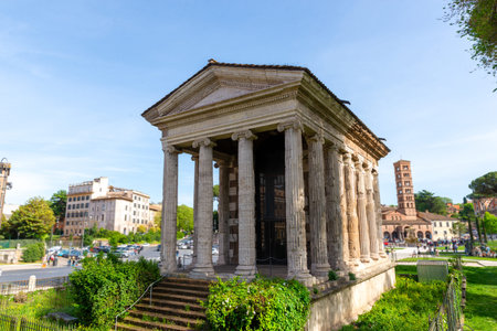 Ancient Temple of Hercules Victor in Rome, Italy, with circular colonnade and Corinthian columnsの写真素材