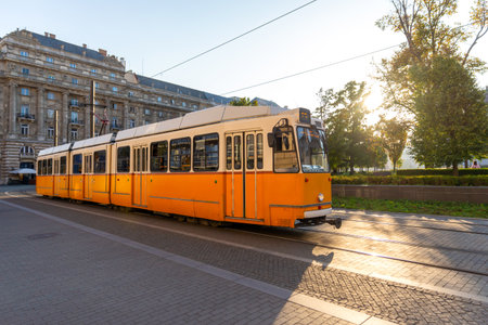 Classic yellow tram passing through the city center at sunset in Budapest, Hungaryの写真素材