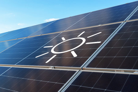 Photovoltaic solar panels with white sun symbol illustrating clean renewable energy concept under...