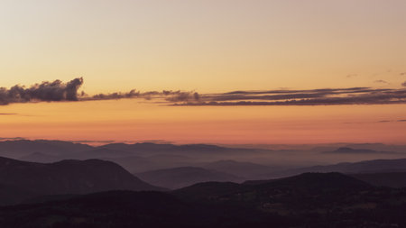 Countryside Orthodox church on hill among fields and trees in Bosniaの写真素材