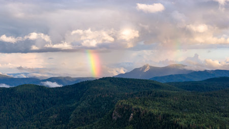 Vibrant rainbow appears above forested mountains after summer rainの写真素材