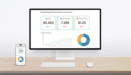Desktop computer and smartphone displaying marketing performance dashboard with clicks, conversions,...