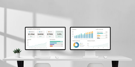 Two desktop monitors on white desk display company analytics dashboard with charts and financial...