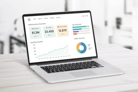 Open laptop on light wooden desk showing startup performance dashboard with growth charts, client metrics, and top products in modern workspaceの写真素材