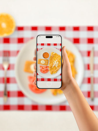 Hand holding smartphone taking photo of omelette breakfast on red checkered tablecloth, modern social media content creation conceptの写真素材