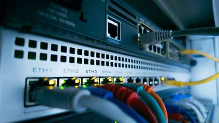Network cables and glowing lights on professional data switch, representing information flow,...