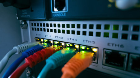 Colorful ethernet cables connected to network switch, symbolizing high speed data transfer, secure communication, and modern information technology conceptの写真素材
