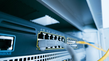 Gray ethernet cable connected to professional switch in server cabinet, symbolizing network...